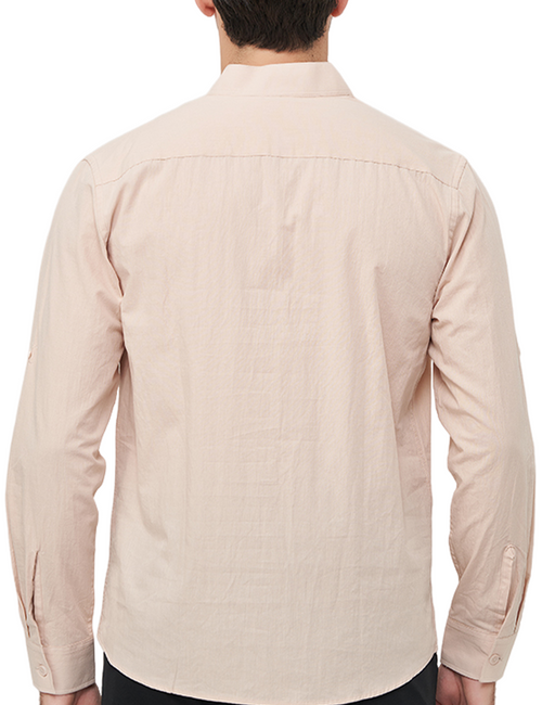 Men's Casual Solid Color Henley Collar Cotton Pocket Long Sleeve Shirt