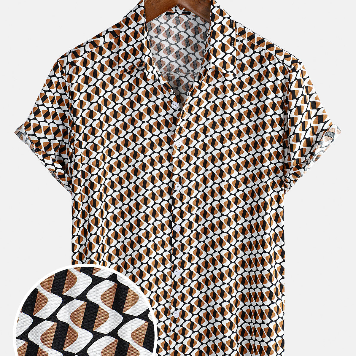 Men's Khaki Geometric Beach Short Sleeve Button Up Shirt