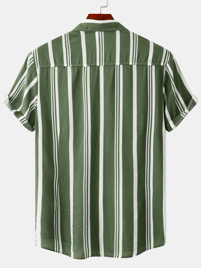 Men's Casual Vertical Striped Button Up Summer Holiday Beach Short Sleeve Shirt