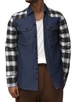Men's Casual Plaid Flannel Patchwork Denim Button Up Long Sleeve Shirt