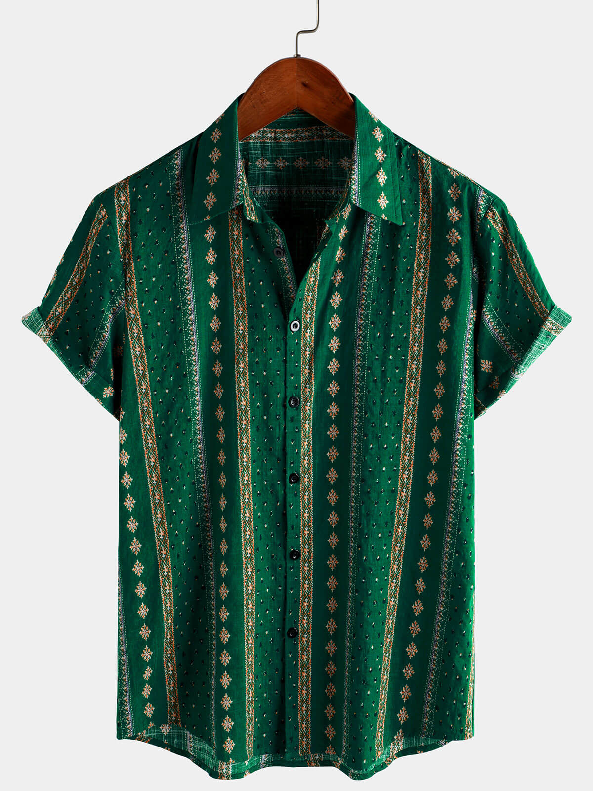 Men's Retro Green Striped Print Button Up 70s Vintage Short Sleeve Shirt