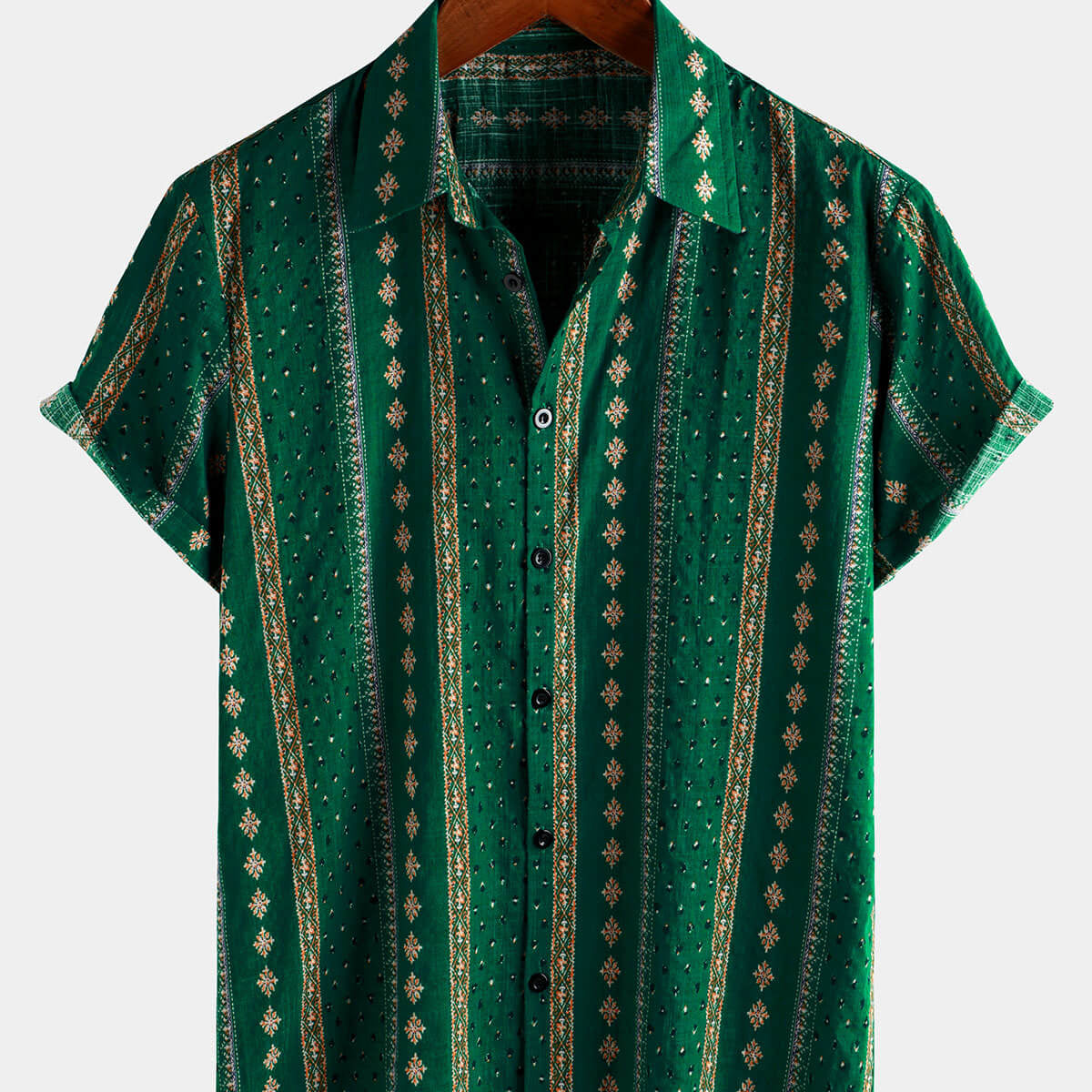 Men's Retro Green Striped Print Button Up 70s Vintage Short Sleeve Shirt