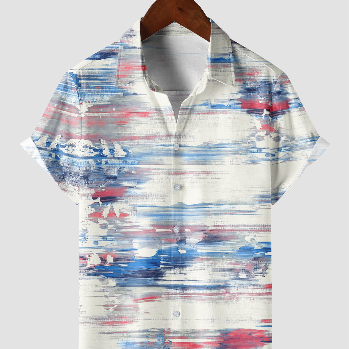 Camisa informal de manga corta con botones y estampado de teñido anudado con rayas de grafiti rojas y azules para hombre