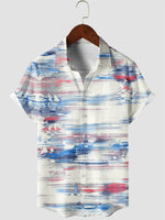 Men's Casual Red And Blue Graffiti Stripes Vintage Art Tie Dye Print Short Sleeve Button Up Shirt