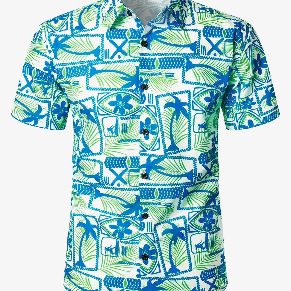 Camisa de manga corta informal de playa de verano hawaiana verde con estampado tropical para hombre
