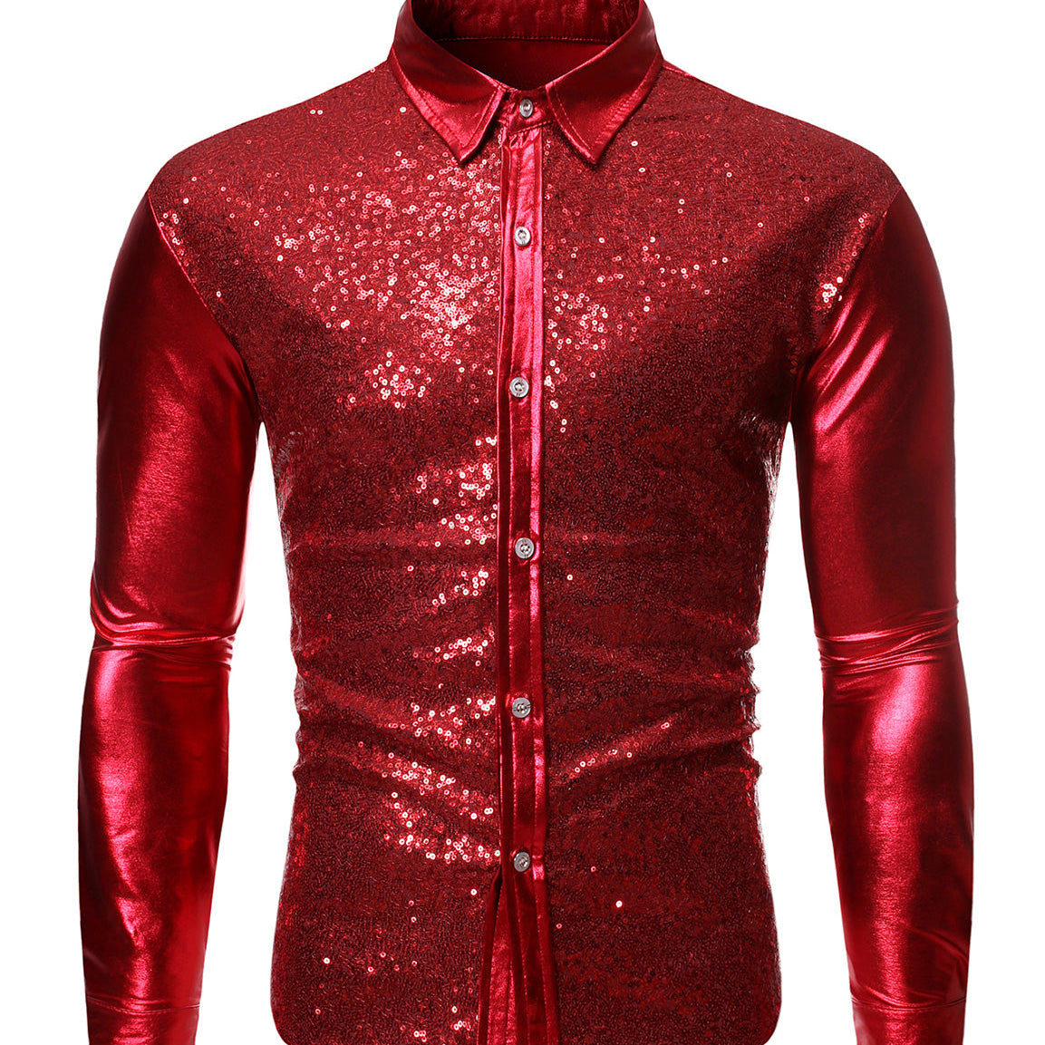 Men's Sequin Metallic Prom Party Button Long Sleeve Shirt