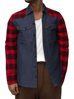 Men's Plaid Flannel Patchwork Denim Casual Button Up Long Sleeve Shirt