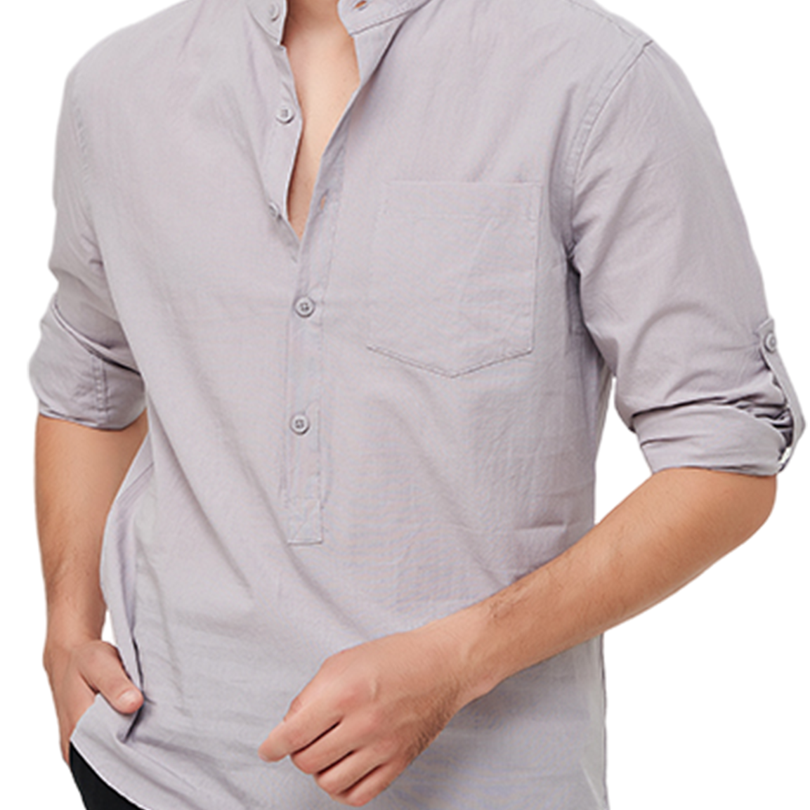 Men's Casual Solid Color Henley Collar Cotton Pocket Long Sleeve Shirt