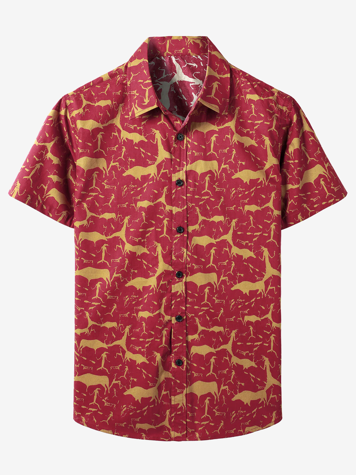 Men's Cotton Vintage Animal Print Red Retro Tribal Button Up Short Sleeve Shirt
