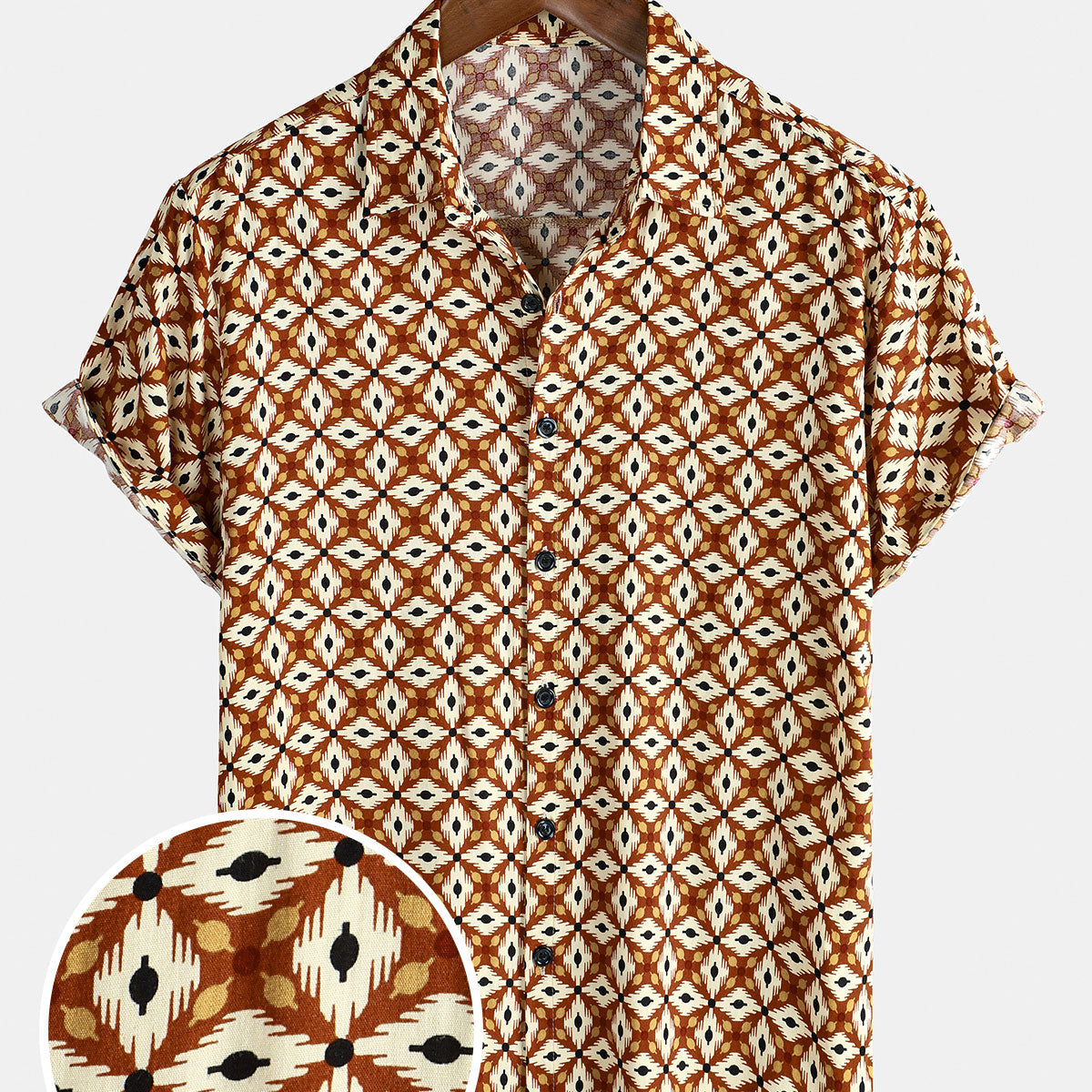 Men's Vintage 70S Geometric Button Up Holiday Beach Short Sleeve Shirt