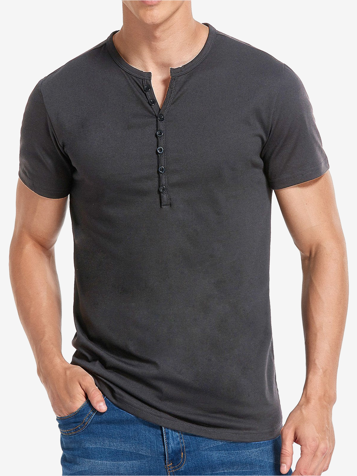 Men's Casual Solid Color Short Sleeve Henley T-shirt