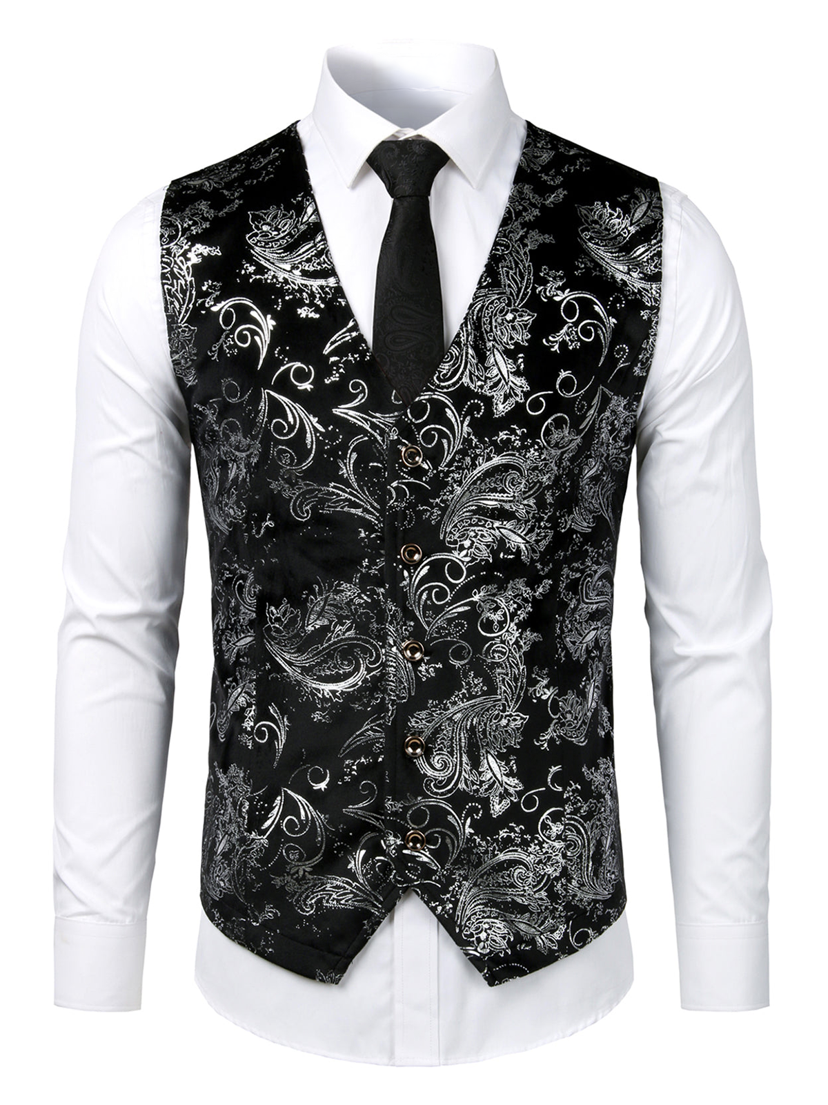 Mens Hipster Metallic Paisley Print Single Breasted V-Neck Black Grey Suit Vest/Tuxedo Waistcoat
