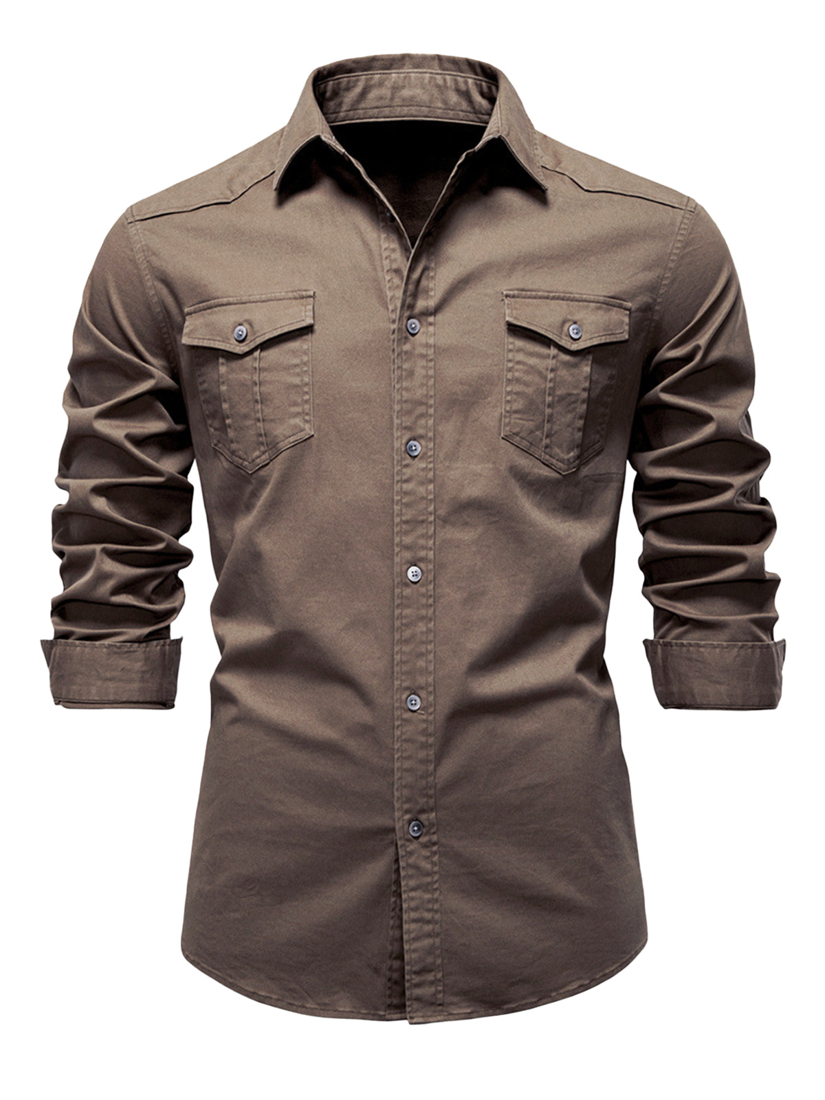 Men's Brown Cotton Cargo Pocket Long Sleeve Shirt
