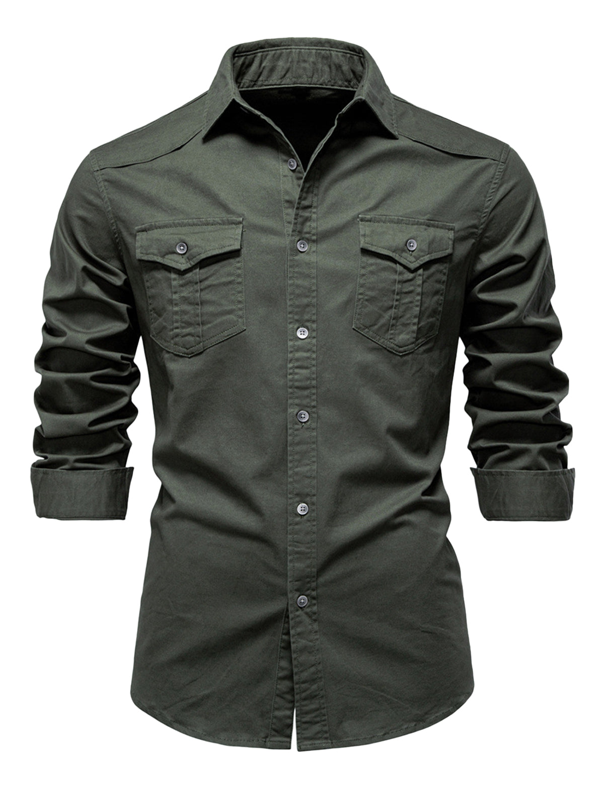 Men's Green Cotton Cargo Pocket Long Sleeve Shirt