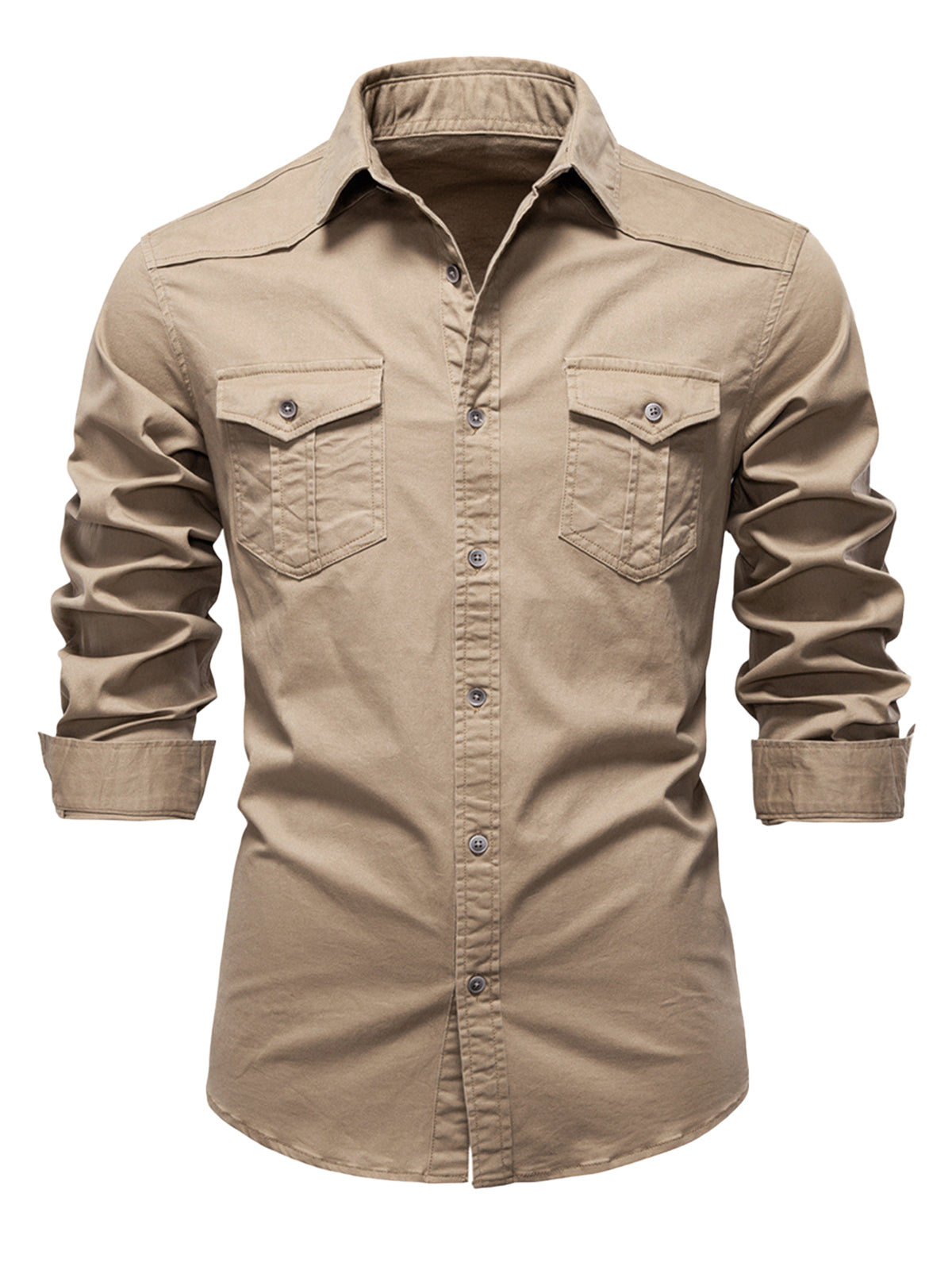 Men's Khaki Cotton Cargo Pocket Long Sleeve Shirt
