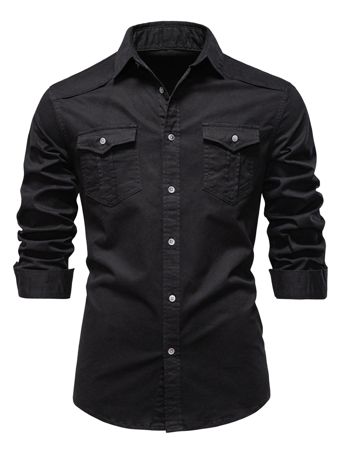 Men's Black Cotton Cargo Pocket Long Sleeve Shirt