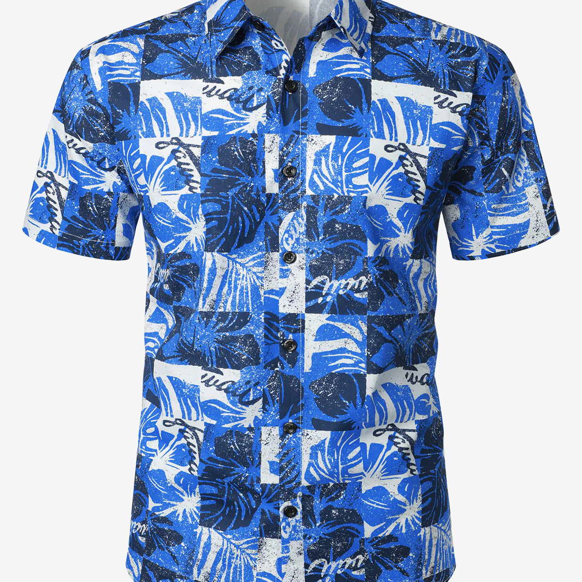 Camisa hawaiana de algodón de manga corta con estampado tropical azul para hombre