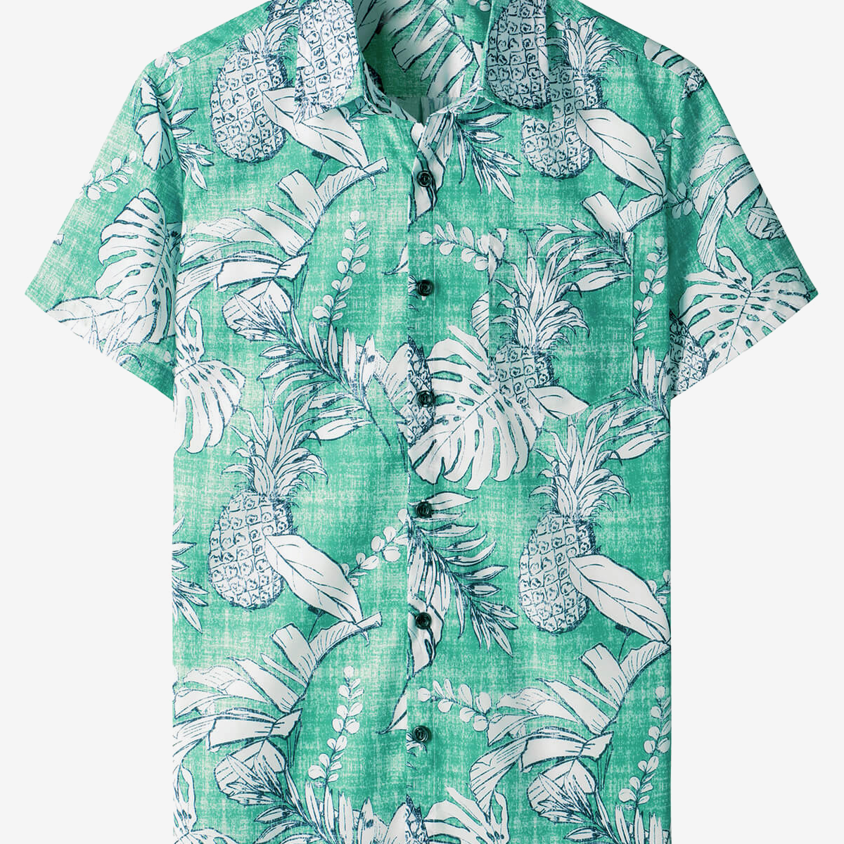 Camisa hawaiana verde de manga corta con bolsillo y estampado de piña tropical para hombre