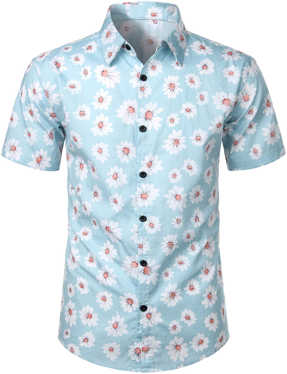 Men's Blue Daisy Floral Summer Button Up Hawaiian Short Sleeve Shirt ...