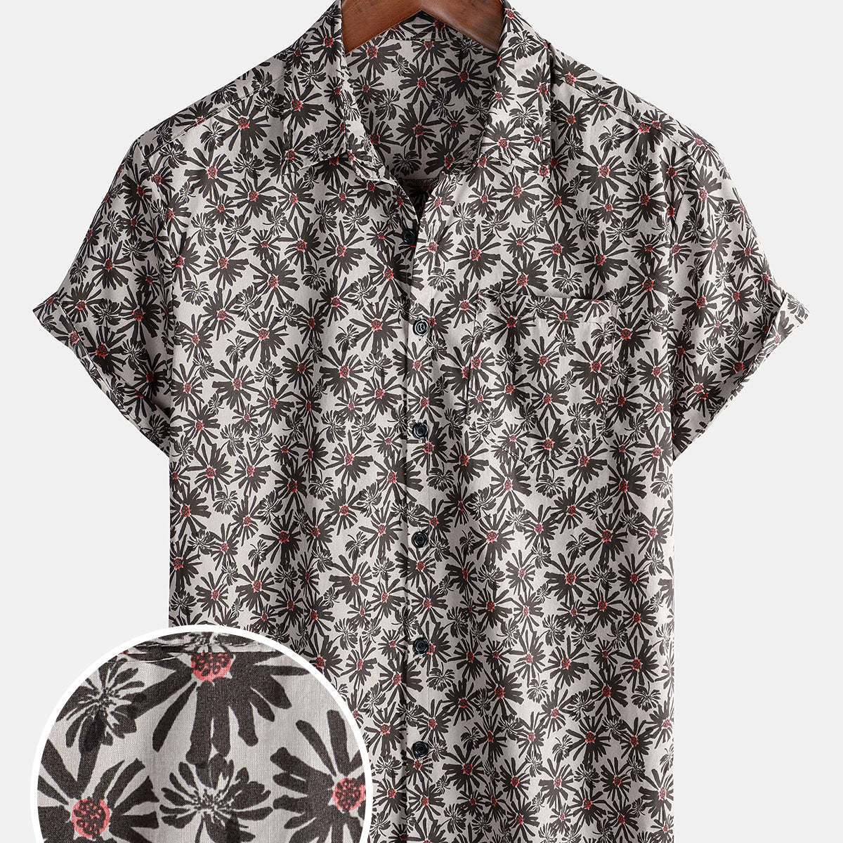 Men's Floral Daisy Pocket Short Sleeve Button Up Cotton Shirt