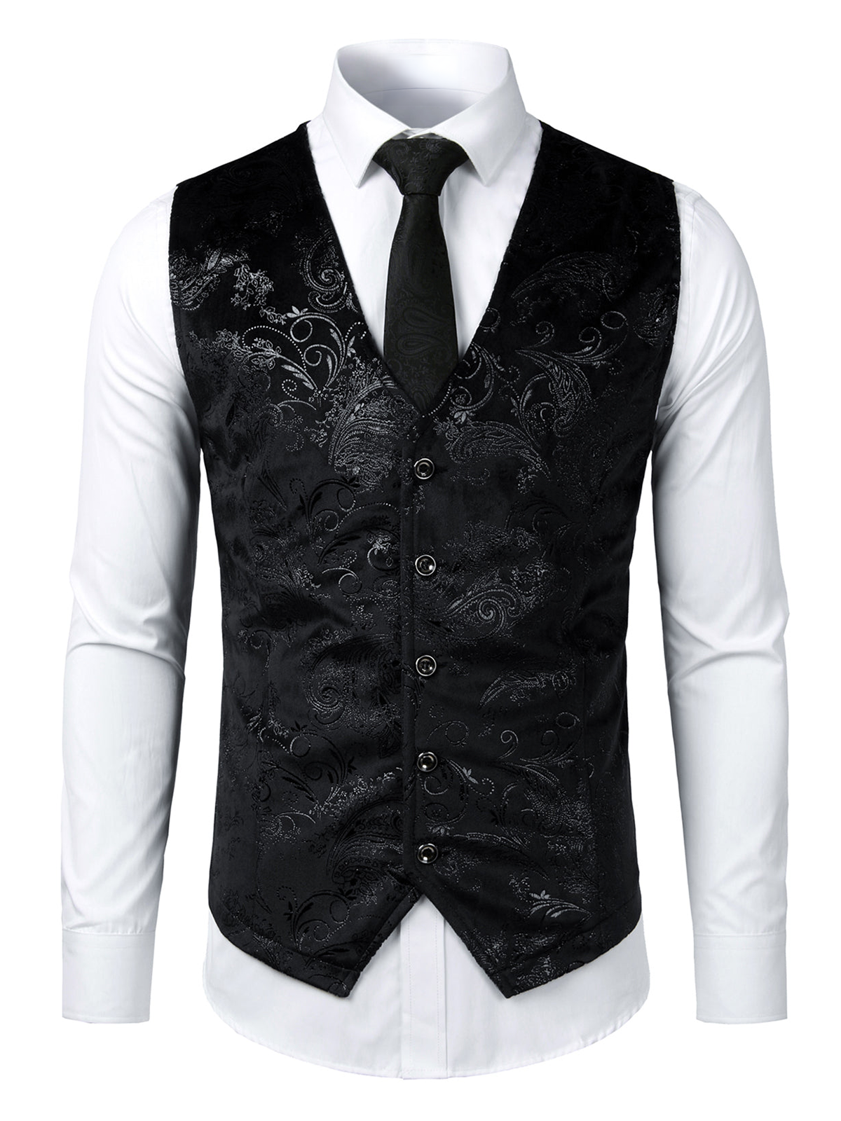 Mens Hipster Metallic Paisley Print Single Breasted V-Neck Black Suit Vest/Tuxedo Waistcoat