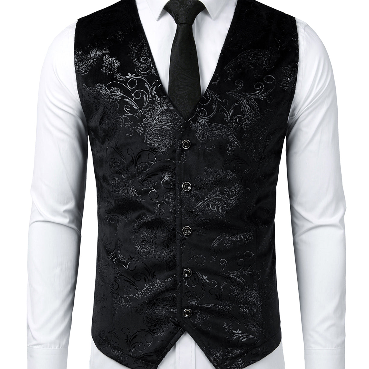 Mens Hipster Metallic Paisley Print Single Breasted V-Neck Black Suit Vest/Tuxedo Waistcoat