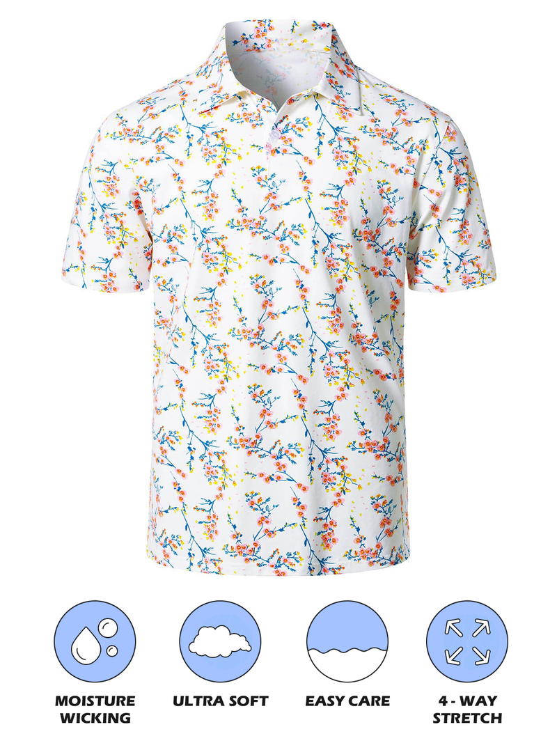 Men's Summer Floral Print White Cotton Vacation Golf Short Sleeve Sports Polo Shirt