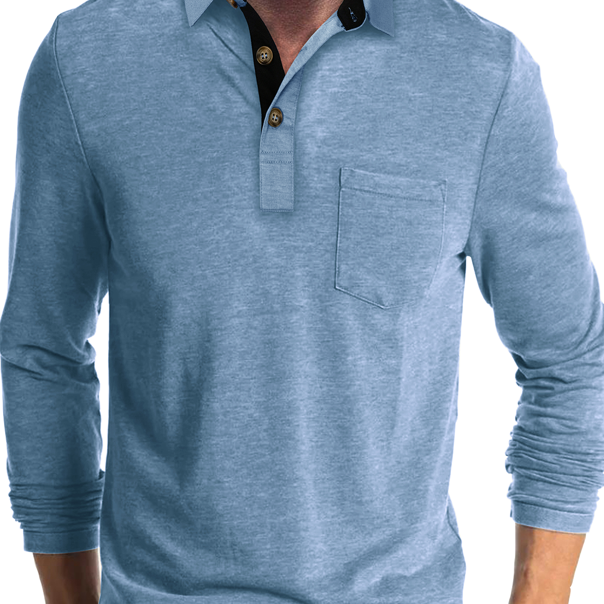 Men's Solid Color Pocket  Lapel Casual Polo Long Sleeve Shirt