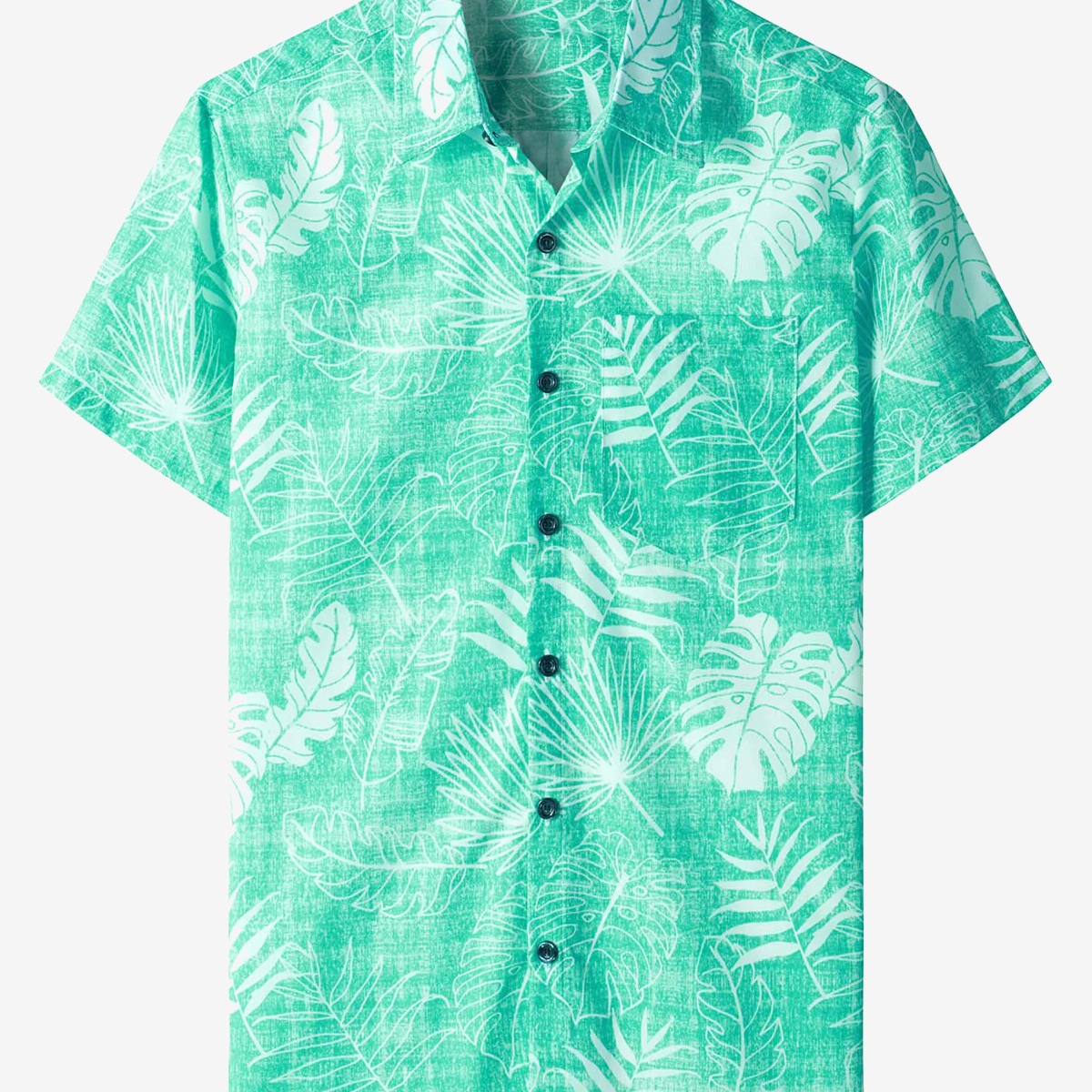 Camisa de manga corta para vacaciones en la playa con estampado de plantas tropicales y bolsillo informal de verano hawaiano verde para hombre