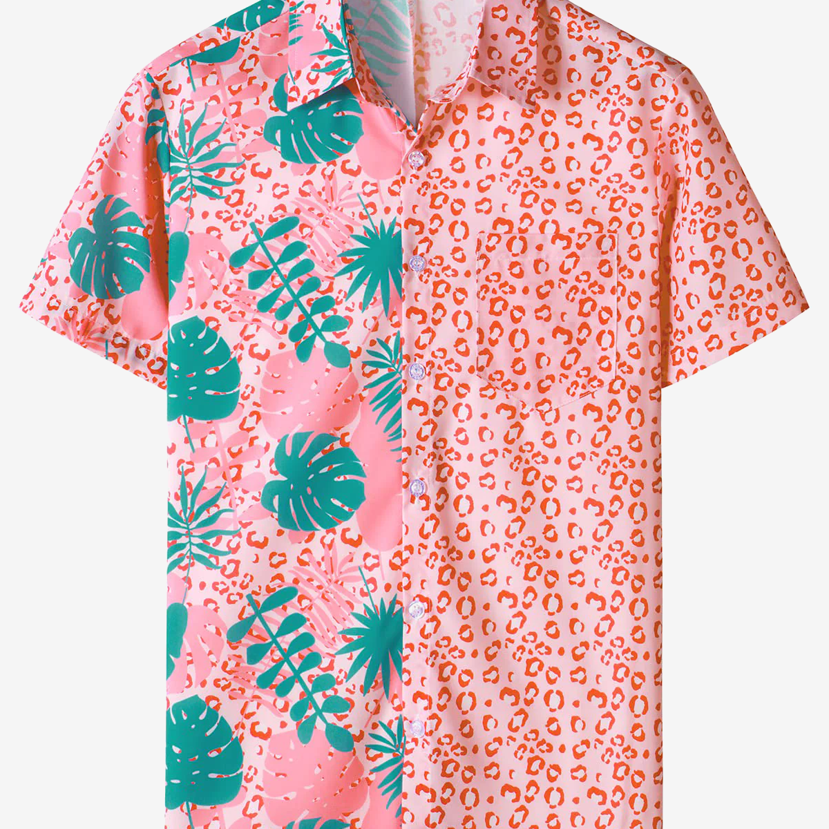Camisa de manga corta hawaiana informal con estampado de leopardo rosa y plantas tropicales de verano para hombre