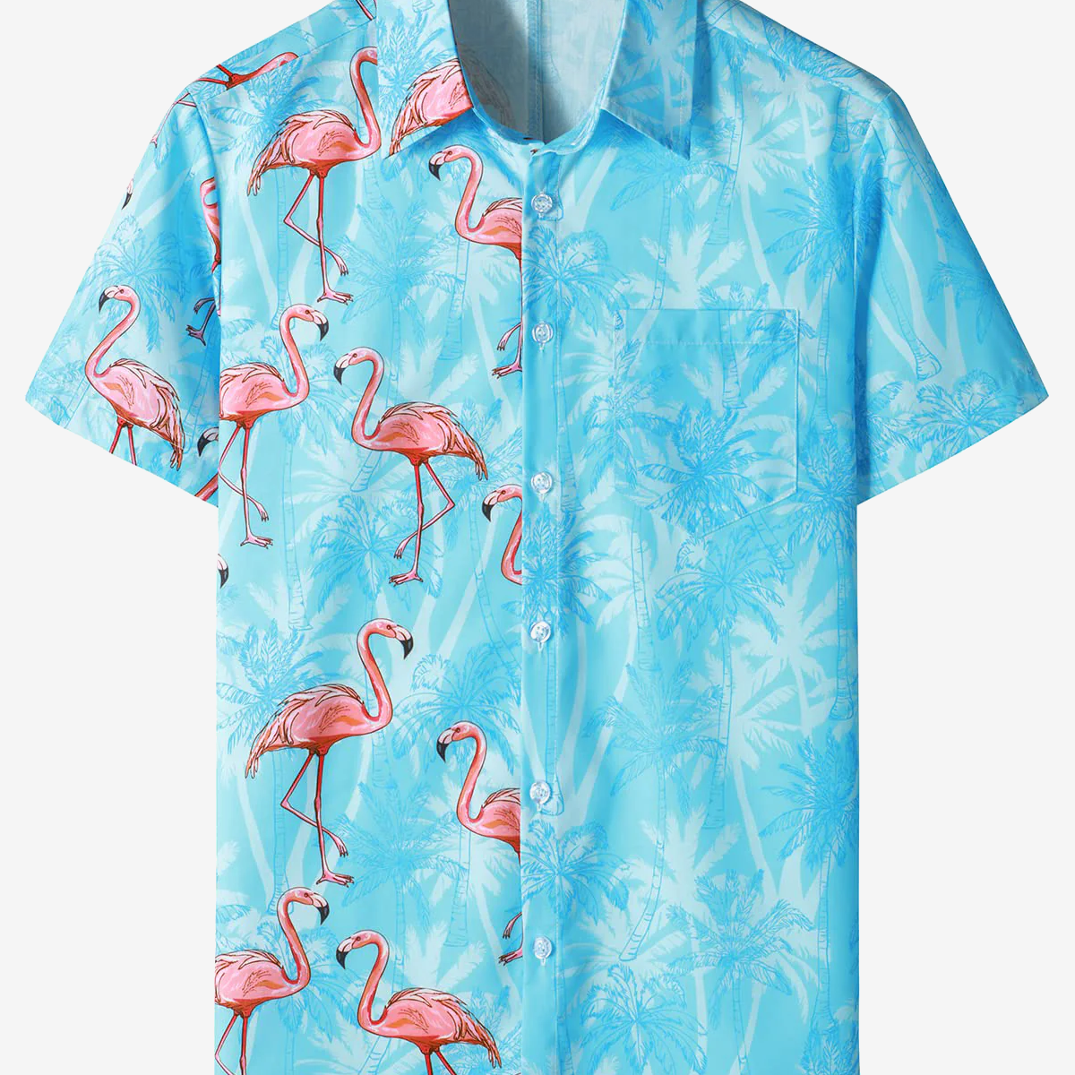 Camisa de manga corta con botones de verano para hombre, camisa de manga corta con estampado de flamenco rosa divertido hawaiano azul