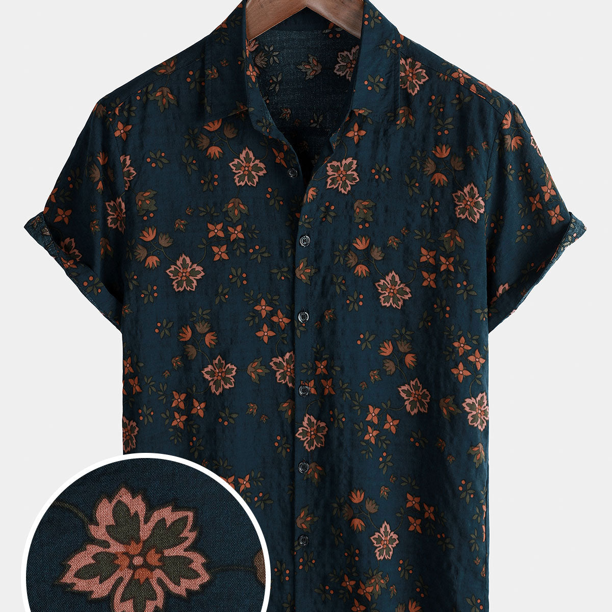Men's Summer Floral Navy Blue Button Up Short Sleeve Cotton Shirt