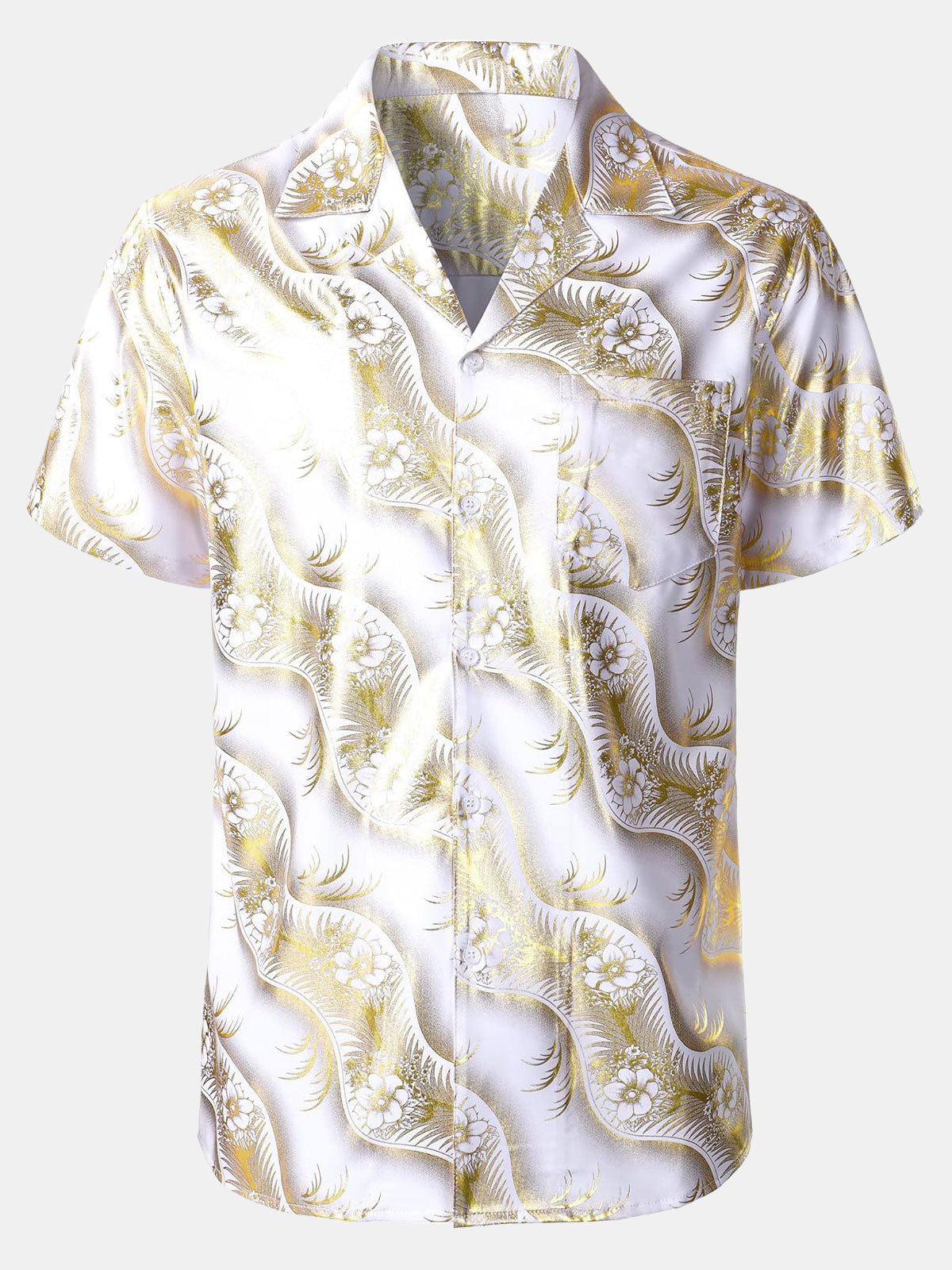 Men's Golden Floral Print Cuban Collar Short Sleeve Shirt