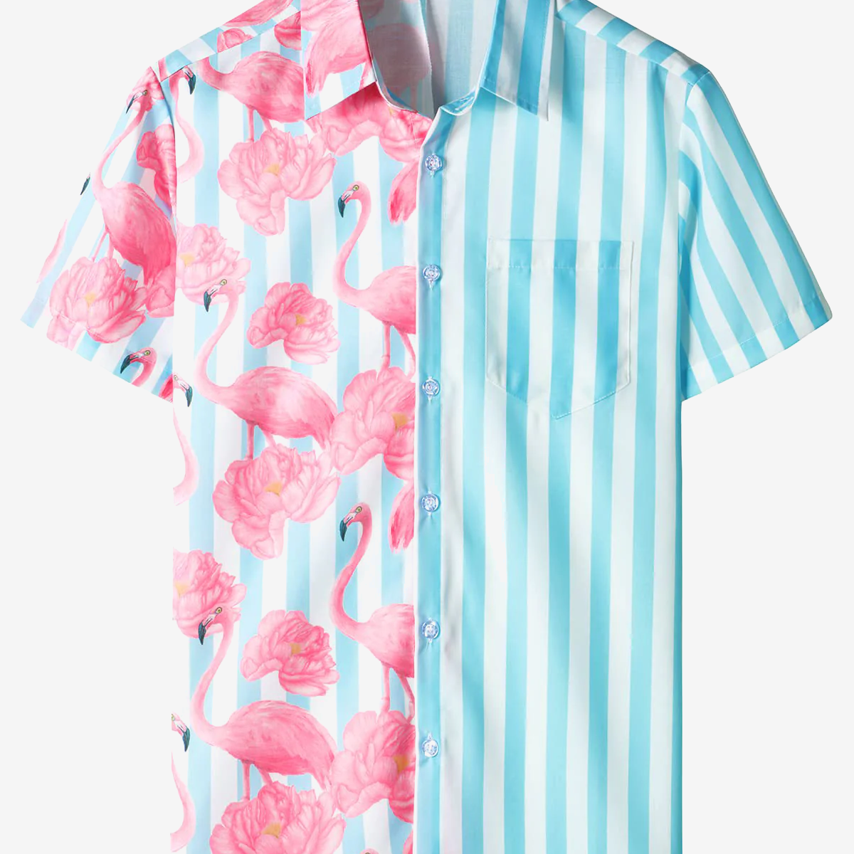 Camisa de manga corta hawaiana divertida con estampado de flamenco rosa floral a rayas azules y blancas para hombre