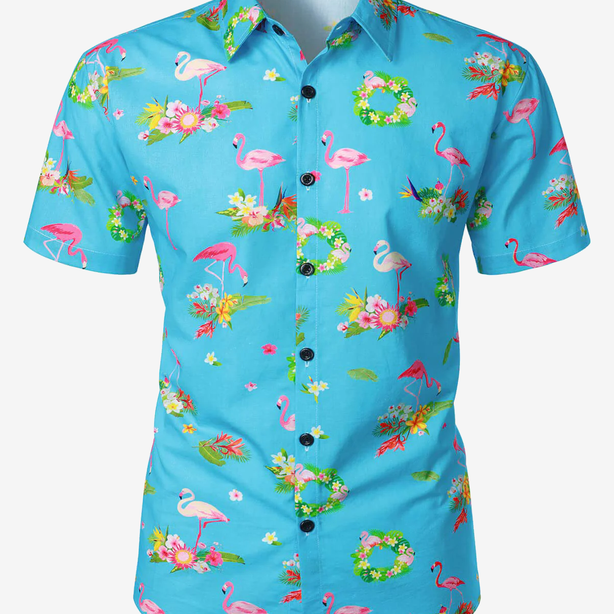 Camisa hawaiana con botones de playa de verano de manga corta con diseño de flamenco y isla tropical de algodón para hombre