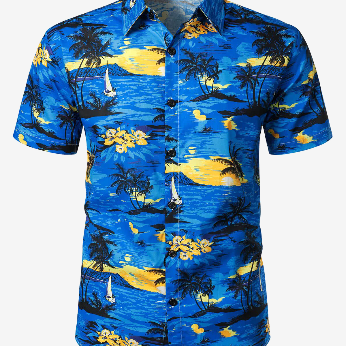 Camisa de manga corta con botones tropicales para vacaciones de verano en la playa de algodón hawaiano azul para hombre