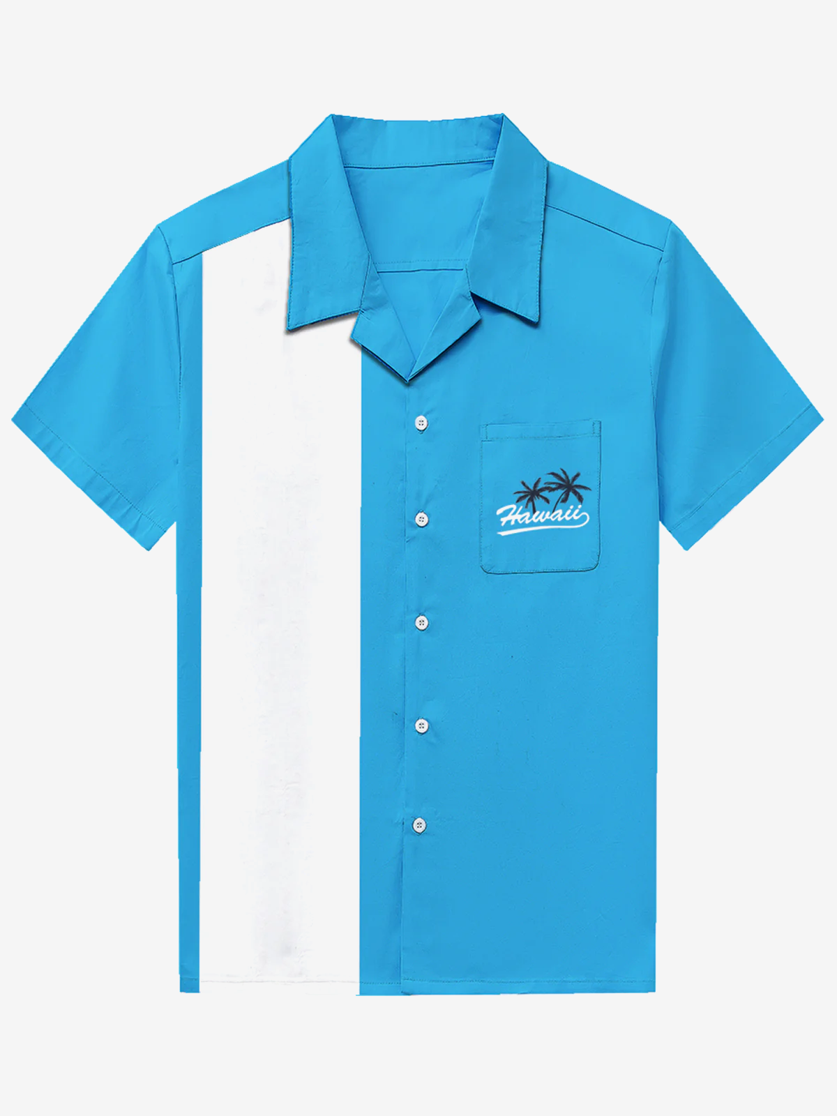 Men's 50's Vintage Camp Cotton Pocket Bowling Hawaii Coconut Tree Blue Short Sleeve Shirt