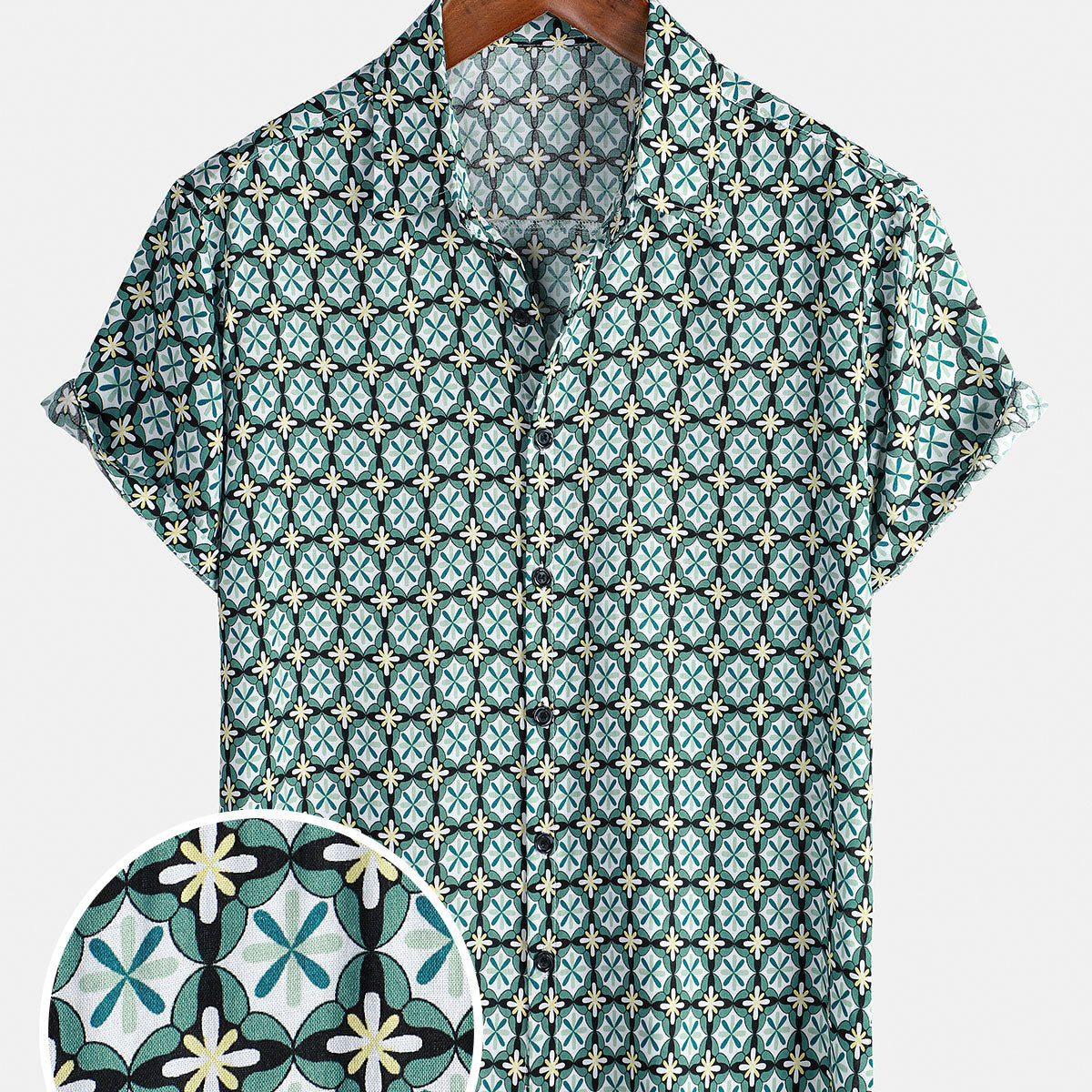 Men's Green Button Summer Beach Short Sleeve Shirt