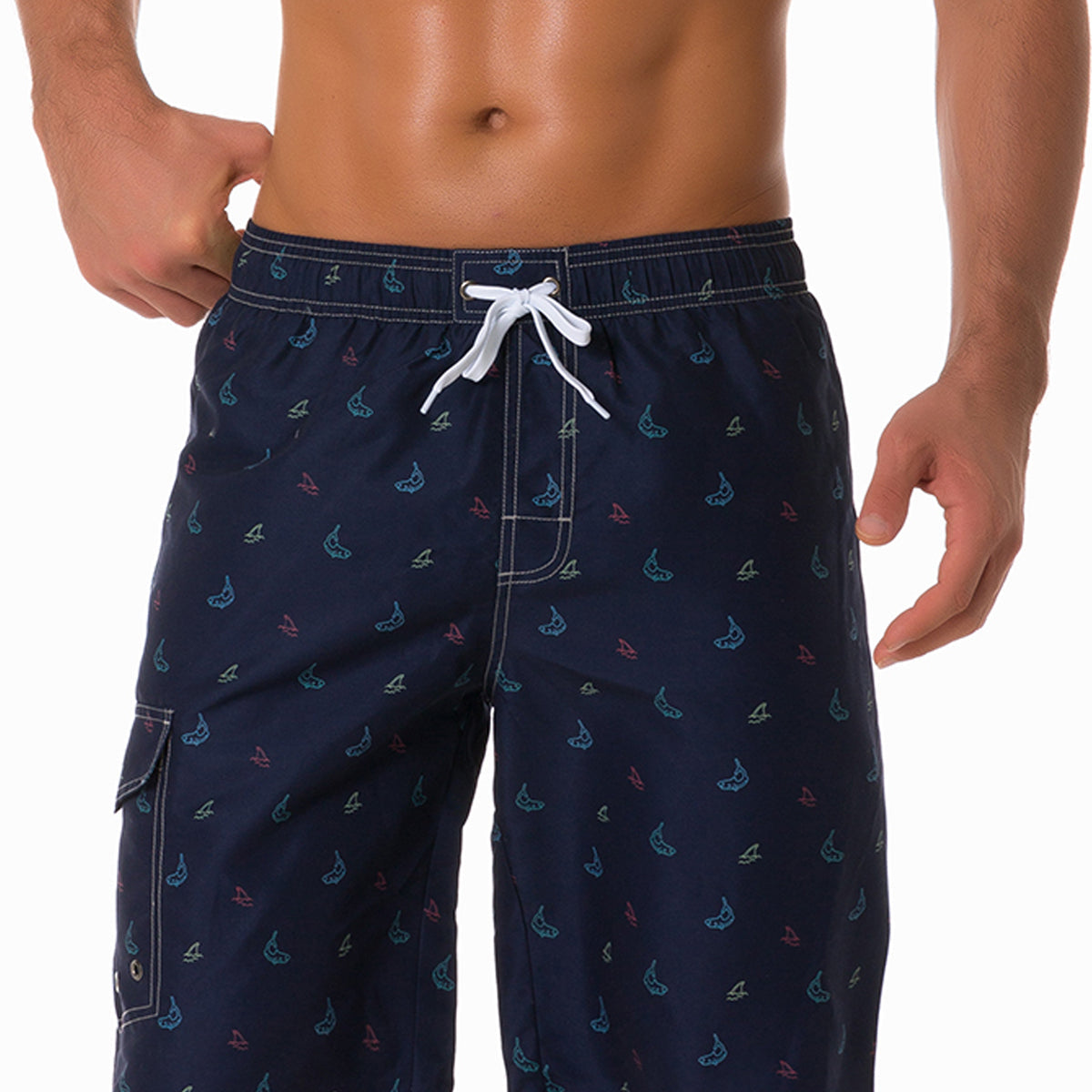 Men's Whale Print Animal Casual Beach Navy Blue Shorts Swimming Trunks