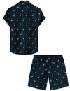 Men's Blue Flamingo Beach Button CottonSummer Shirt and Shorts Set