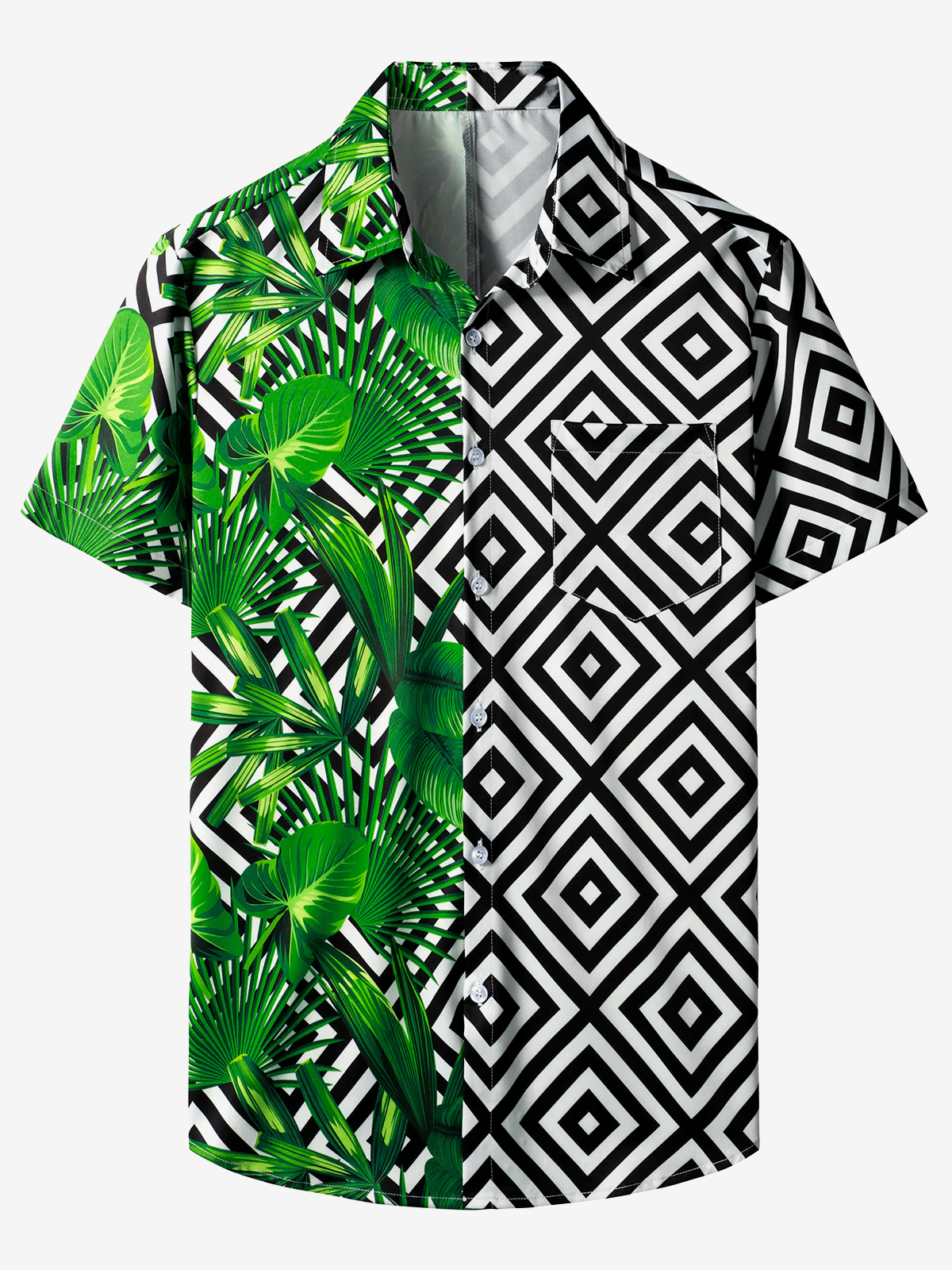 Men's Green Tropical Leaves Geometric Print Vacation Short Sleeve Hawaiian Shirt