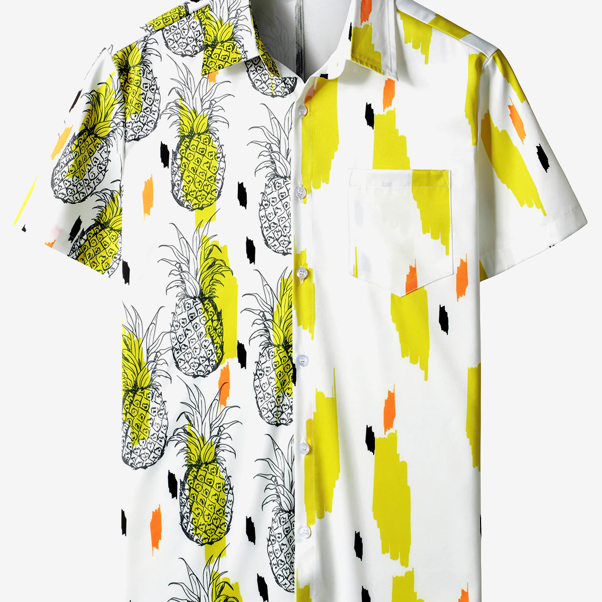 Men's Pineapple Tropical Fruit Print Pocket Hawaiian Button Up Summer Vacation Beach Aloha Short Sleeve Shirt