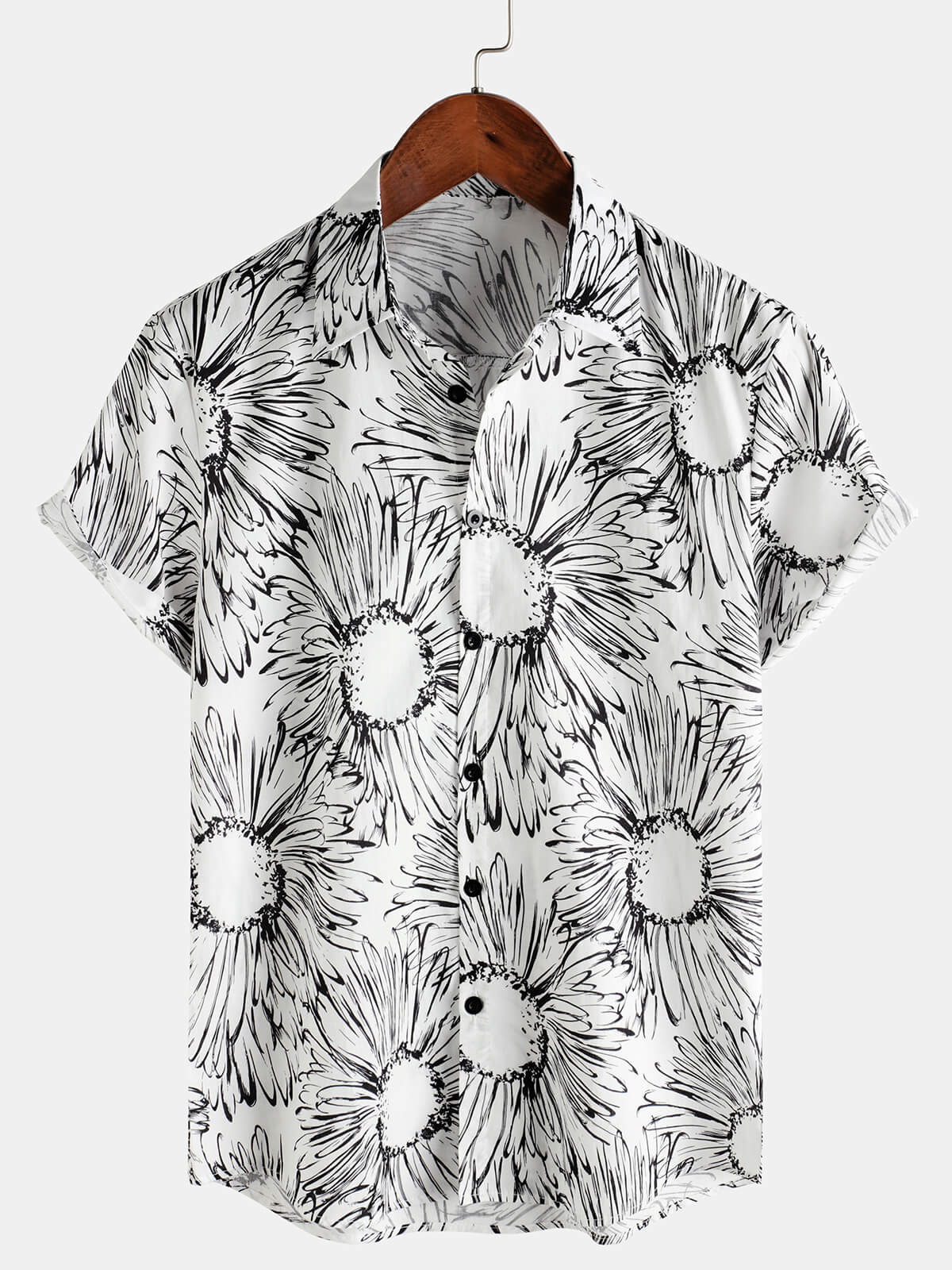 Men's Cotton Sunflower Print Summer Hawaiian Button Up Short Sleeve Shirt