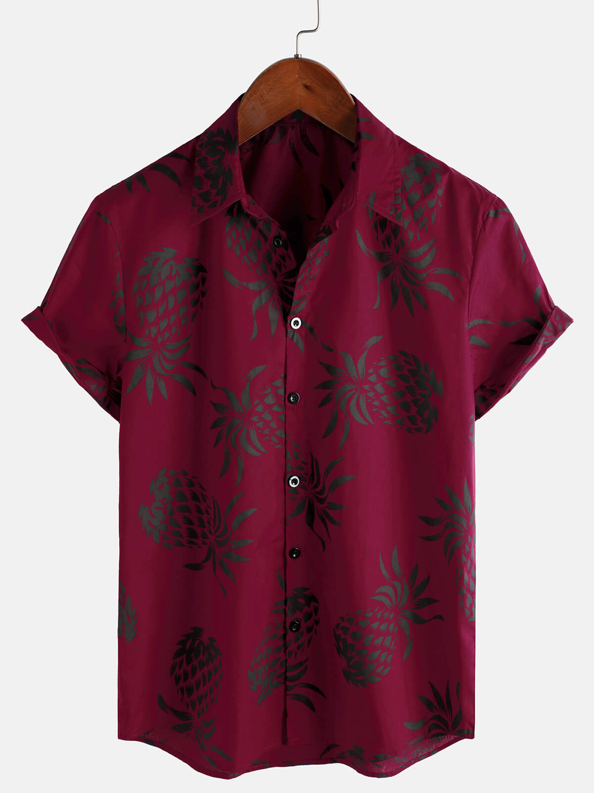 Men's Cotton Pineapple Print Red Summer Hawaiian Button Up Short Sleeve Shirt