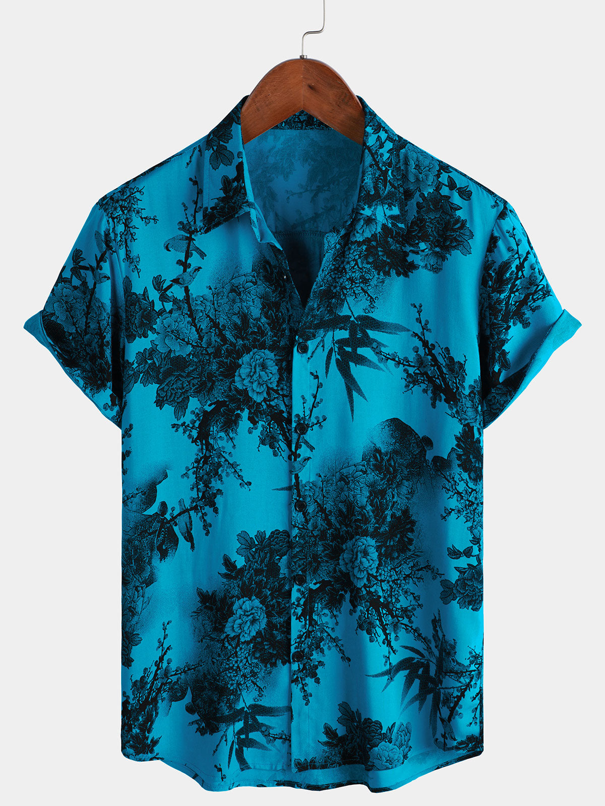 Men's Blue Retro Holiday Breathable Flower Hawaiian Short Sleeve Shirt