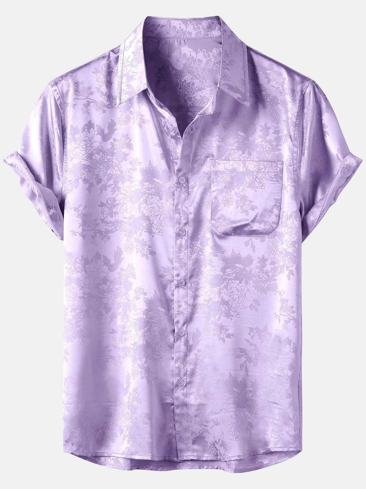 Men's Floral Jacquard Pocket Silk Satin Short Sleeve Shirt