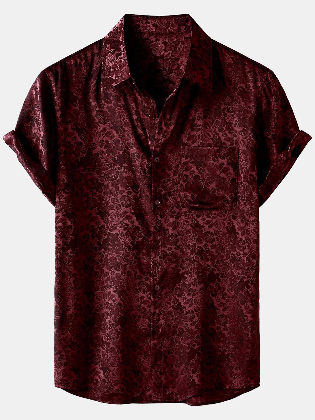 Men's Floral Print Jacquard Silk Satin Short Sleeve Shirt