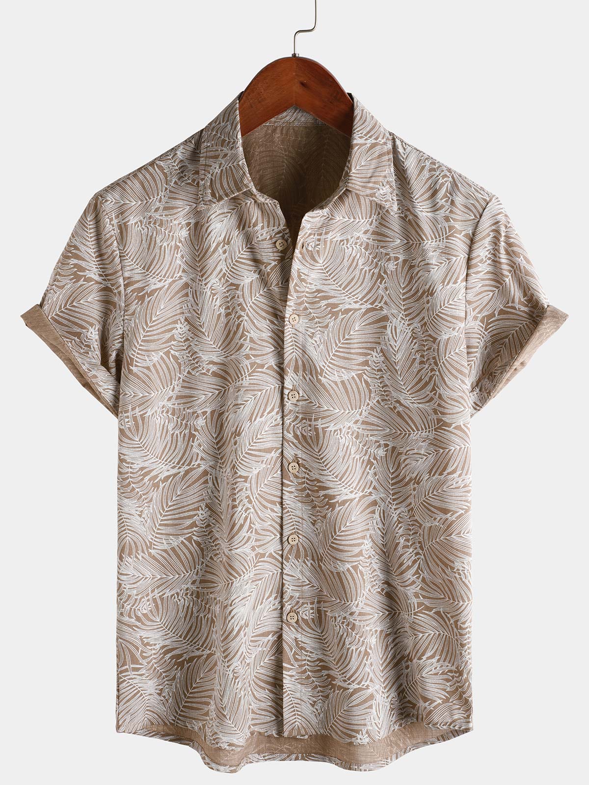 Men's Tropical Khaki Leaf Short Sleeve Summer Hawaiian Shirt