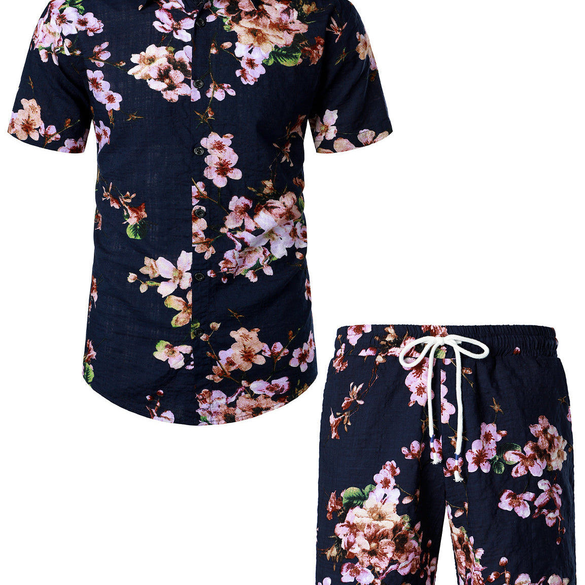 Men's Flower Tropical Hawaiian Matching Shirt and Shorts Set