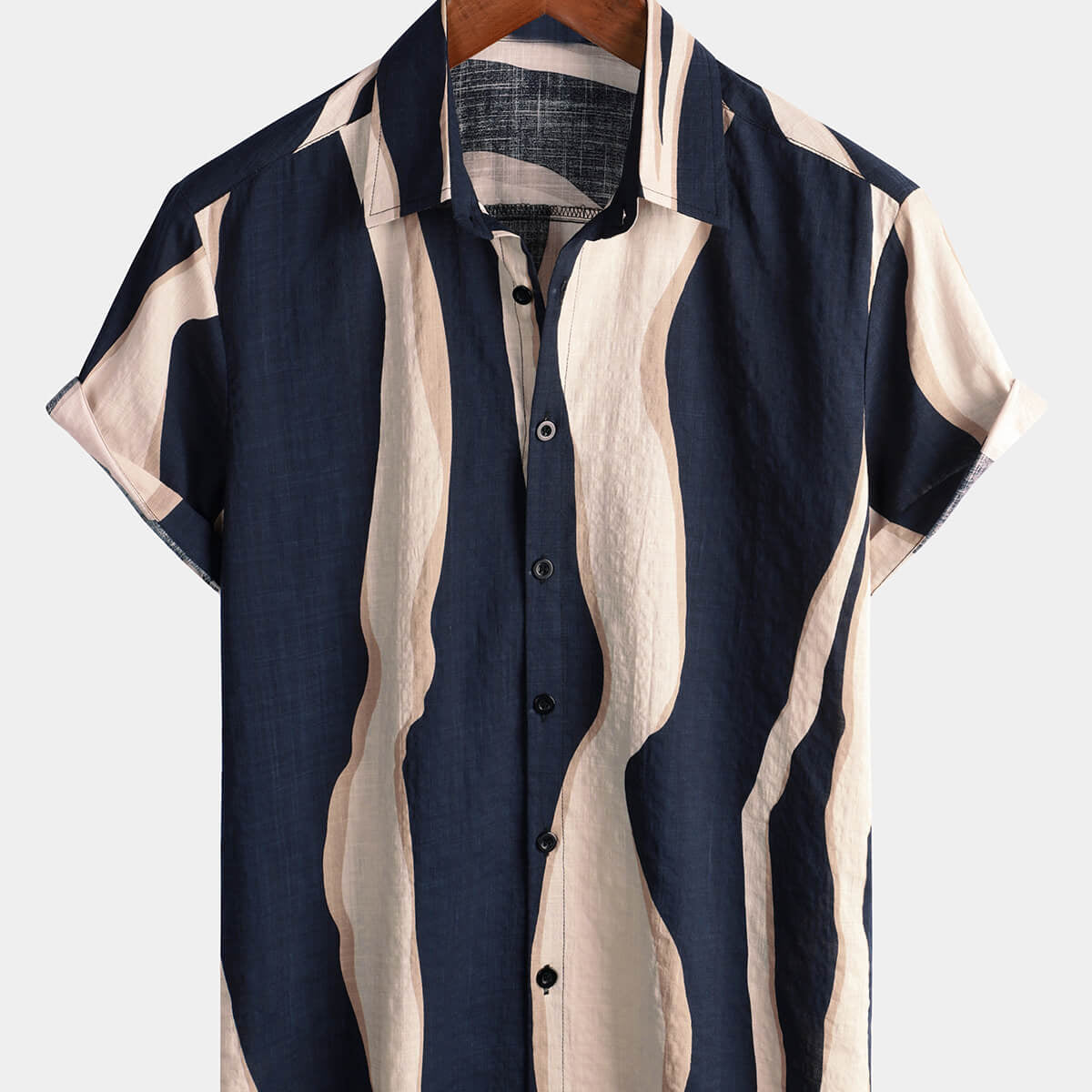 Camisa de manga corta con botones azul marino para vacaciones de verano a rayas informales retro para hombre